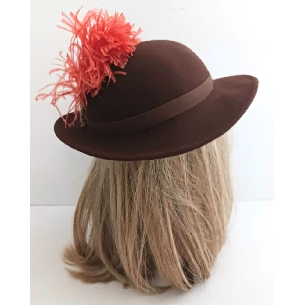 VTG Miss Rose Brown Felt Wool Hat Orange Feather Plume Trim O/S